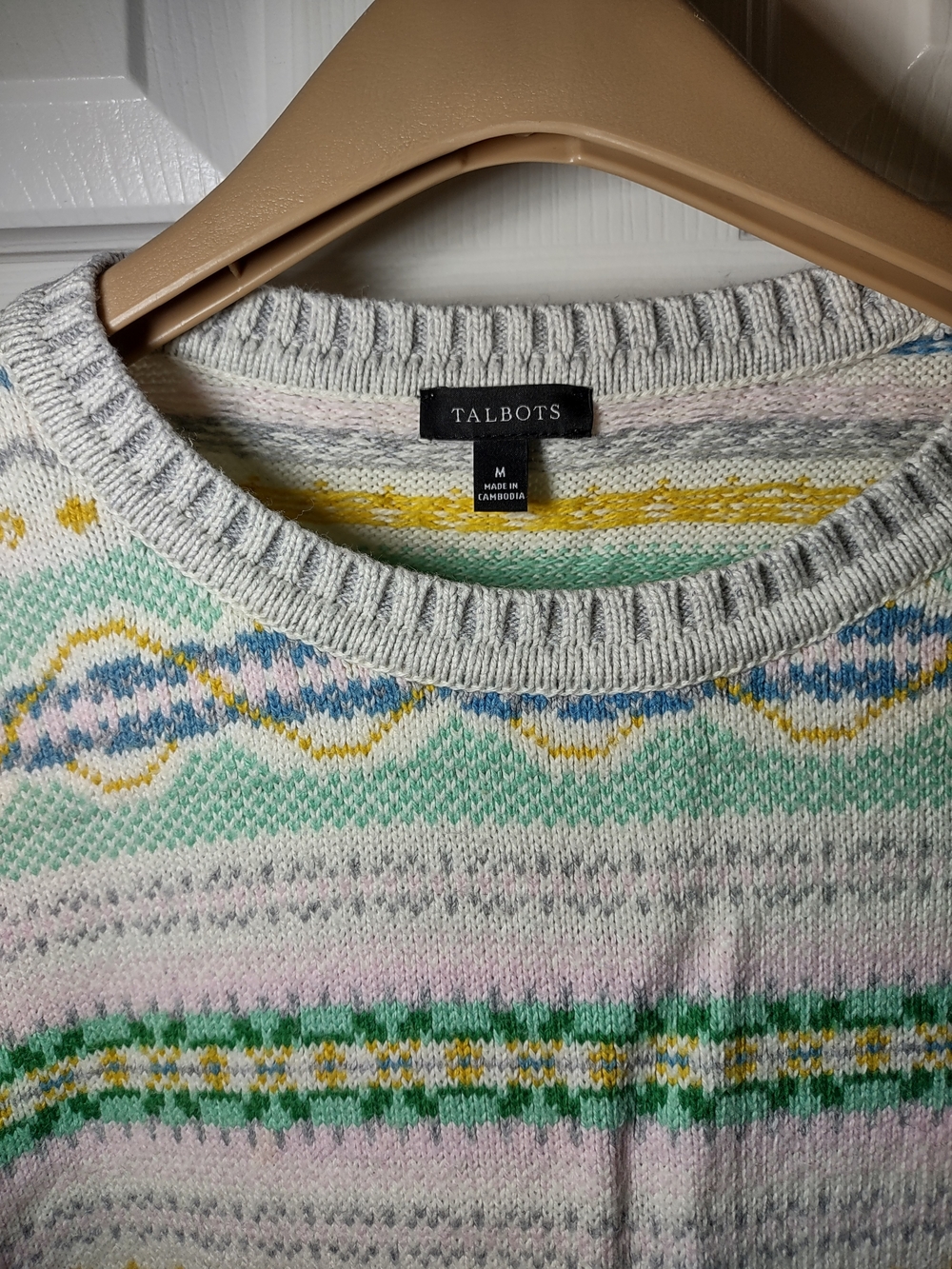 Talbots Cream Crewneck Sweater with Pastel Multi Stripes